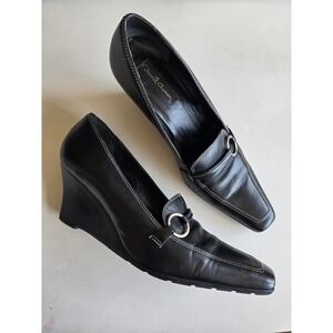 David Aaron Black Leather Wedge Loafer Heels Sz 9.5 Vtg 90s Y2K Minimalist Chic